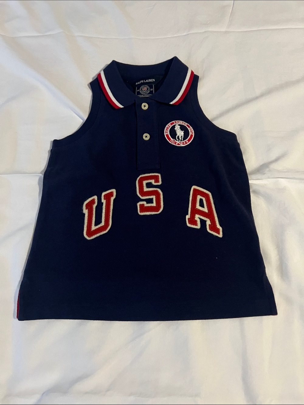 PreLoved Ralph Lauren Navy Sleeveless Polo with Red & White USA Appliqué